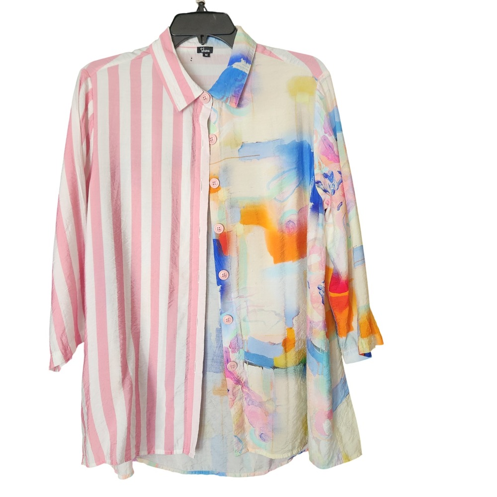 Shana Patchwork Tunic Shirt Blouse sz M 3/4 sl Pockets Artsy‎ Lagenlook FLAW